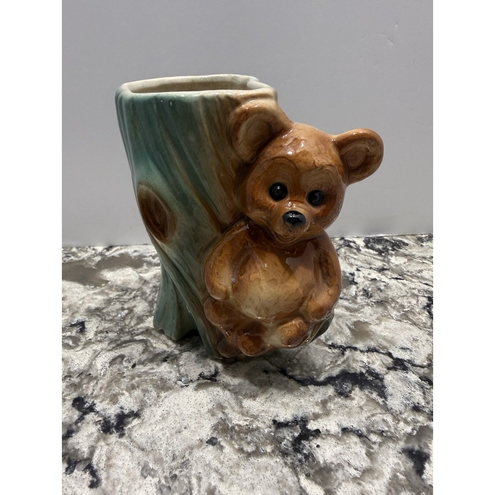 VTG Royal Copley Pottery Teddy Bear W/ Tree Log Brown Green Planter Vase MCM